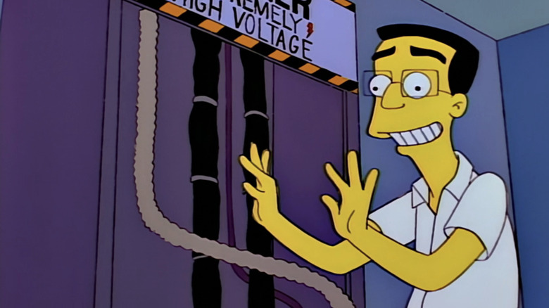 Frank Grimes prepares to grab high voltage power cables in The Simpsons