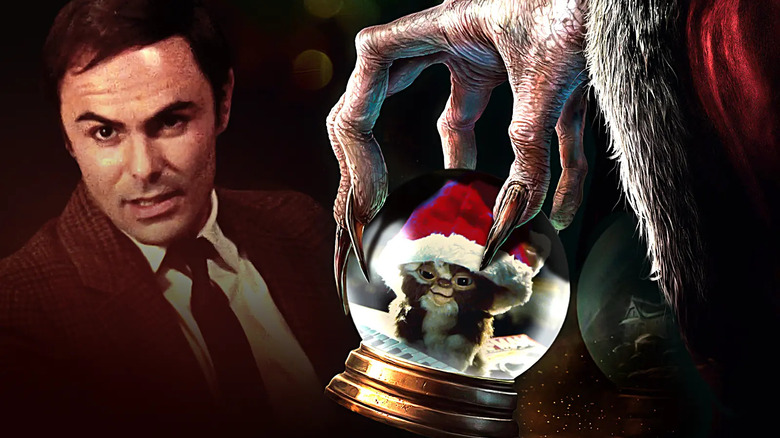 Lt. Kenneth Fuller stands next to a snowglobe with Gizmo from Gremlins inside, while Krampus' hand from Krampus reaches down