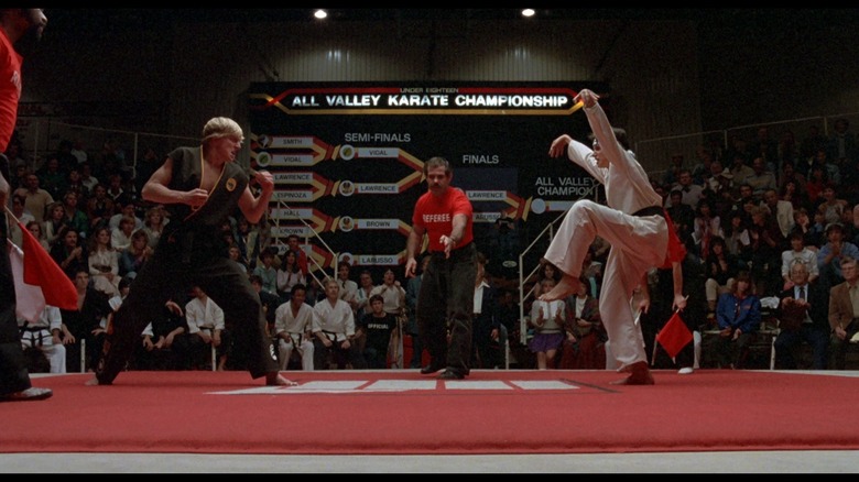 Daniel LaRusso preparing to use the crane kick on Johnny Lawrence in The Karate Kid