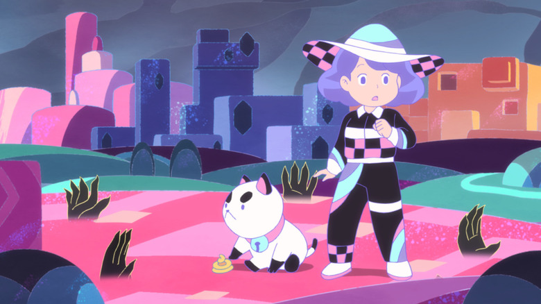 Bee and PuppyCat travel through a colorful landscape