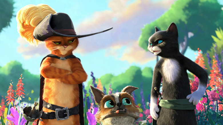 Puss, Perrito, and Kitty Softpaws talking in a field of flowers in Puss in Boots: The Last Wish