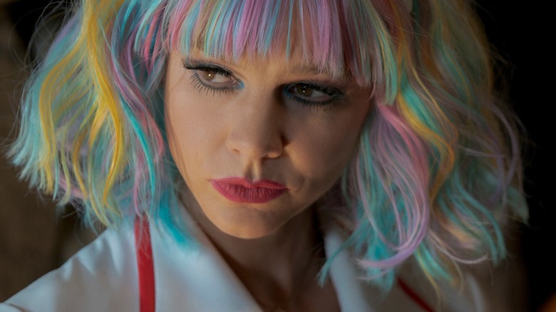 Cassie close-up with rainbow wig