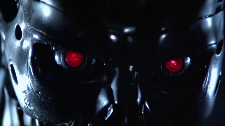Close-up Terminator eyes glowing red