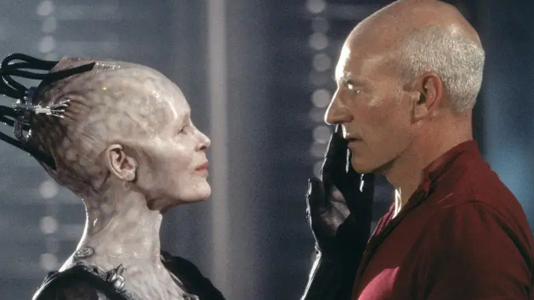 The Borg Queen caresses Picard's face in Star Trek: First Contact