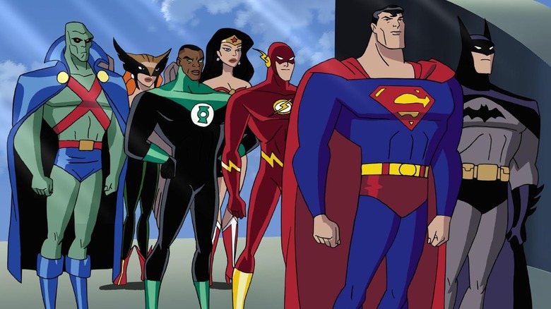 Martian Manhunter, Hawkgirl, Green Lantern, Wonder Woman, The Flash, Superman, and Batman in the Justice League animated series