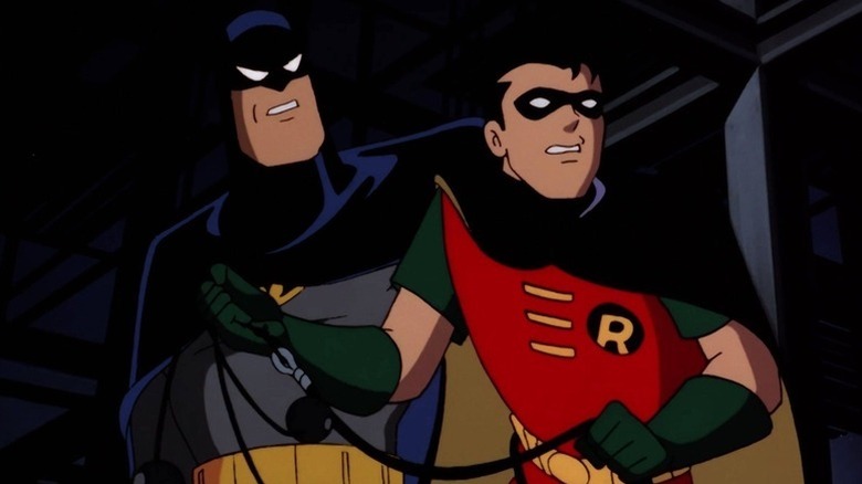 Batman and Robin together looking offscreen in Batman: The Animated Series