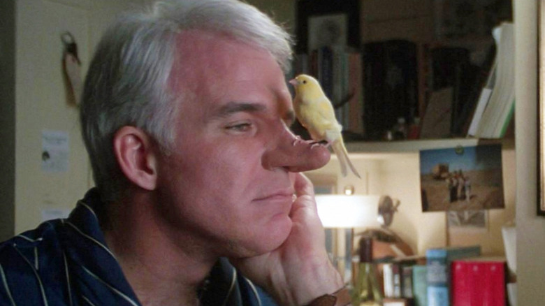 Steve Martin with a bird on his nose in Roxanne