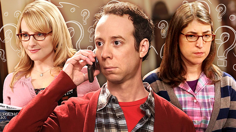 Bernadette, Stuart, and Amy with question marks behind them on The Big Bang Theory