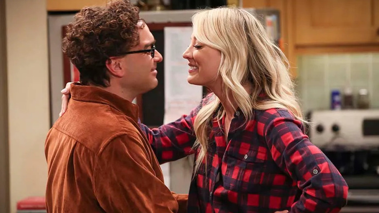 Leonard and Penny about to kiss in the kitchen on The Big Bang Theory