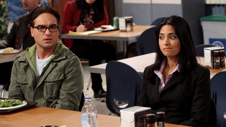 Leonard and Priya sitting in the cafeteria on The Big Bang Theory