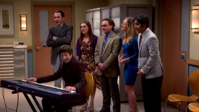 Howard Sheldon Amy Leonard Penny and Raj singing to Bernadette on The Big Bang Theory