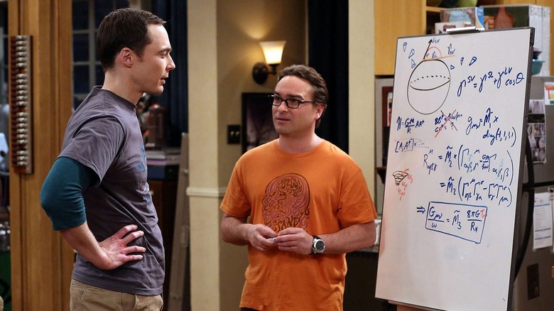 Sheldon and Leonard looking at a whiteboard on The Big Bang Theory