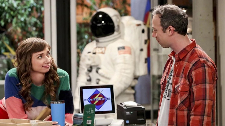 Denise and Stuart talking in the comic book store in The Big Bang Theory