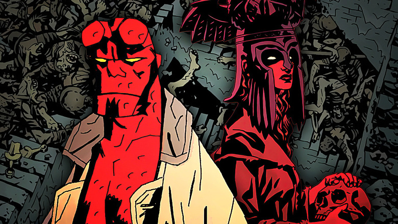 Hellboy and Nimue The Blood Queen standing next to each other with a backgroud from Hellboy: The Storm and the Fury