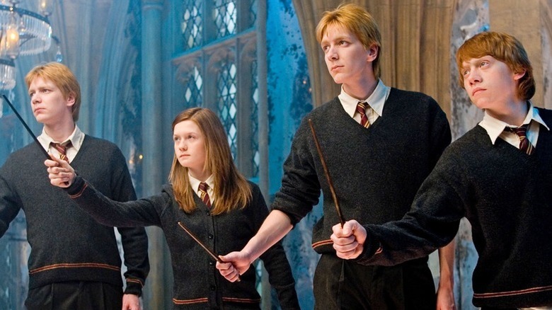 Ginny casting spells with Ron, Fred, and George in Harry Potter and the Order of the Phoenix