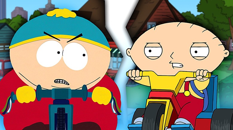 A composite image of Cartman and Stewie staring each other down, each on a tricycle