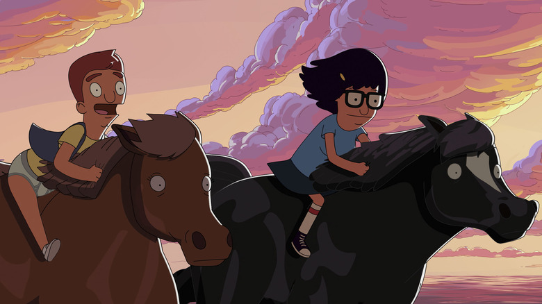 Tina and Jimmy Jr. ride horses on the beach in The Bob's Burgers Movie