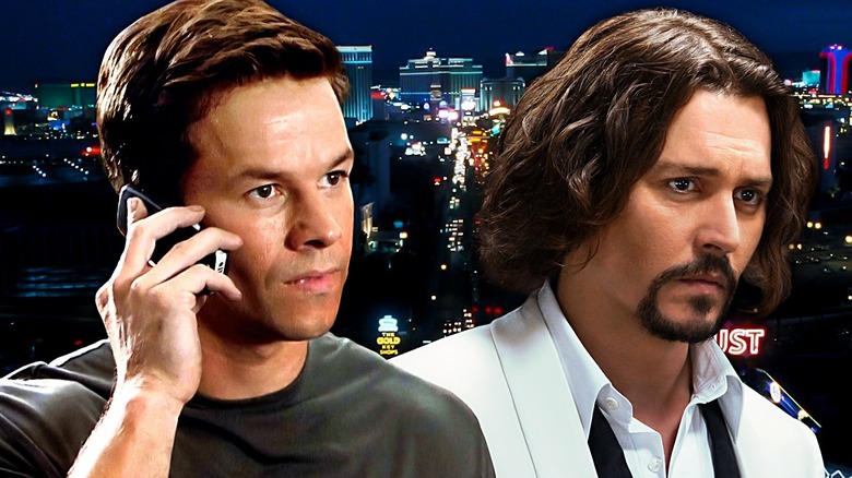 A composite image of Mark Wahlberg on the phone and Johnny Depp against a dark city skyline