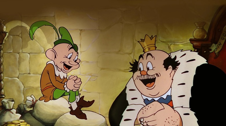 A leprechaun sits on a rock and smiles at an obese King Midas in The Golden Touch