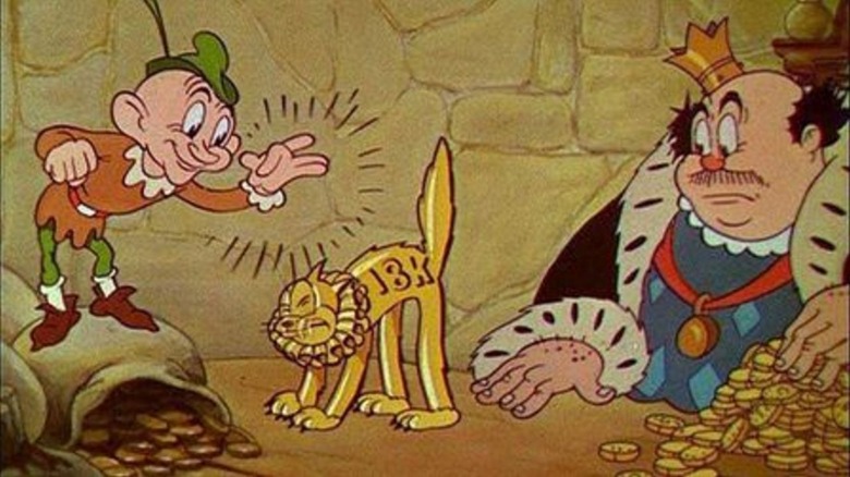 A leprechaun smiles at a golden cat on a table, as King Midas looks on in surprise in The Golden Touch