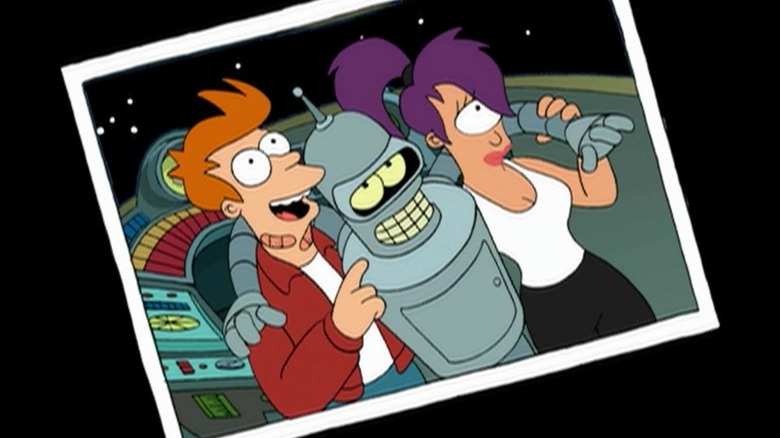 A photograph of Fry, Bender, and Leela on Futurama