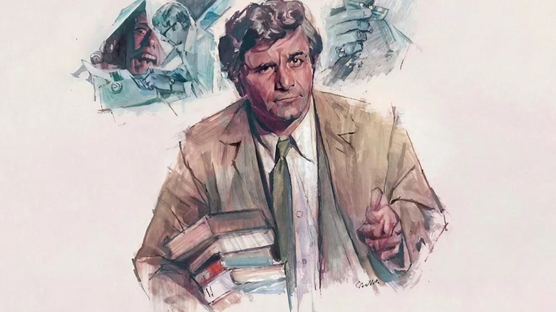 Artistic poster for Columbo: Murder by the Book, featuring Lt. Columbo (Peter Falk) holding a pile of books