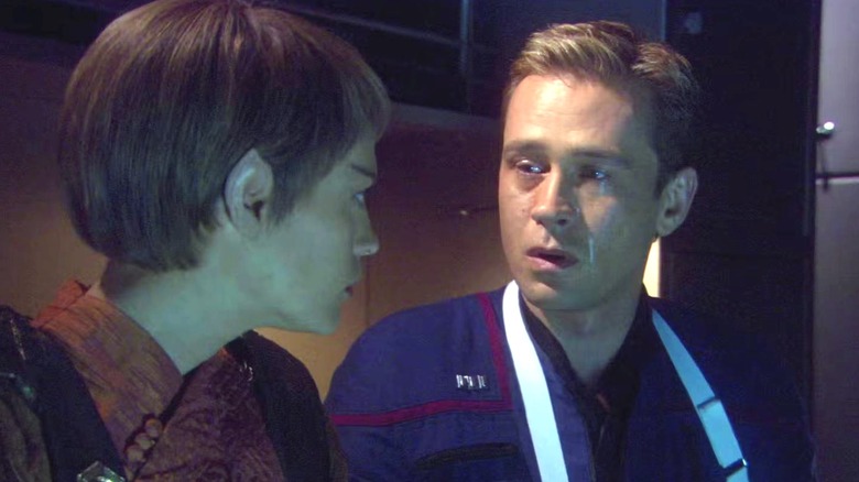 Jolene Blalock's T'Pol looking at Connor Trinneer's Trip Tucker on Star Trek: Enterprise