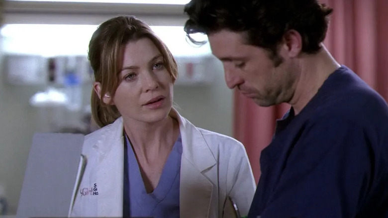 Meredith giving Derek a look on Grey's Anatomy