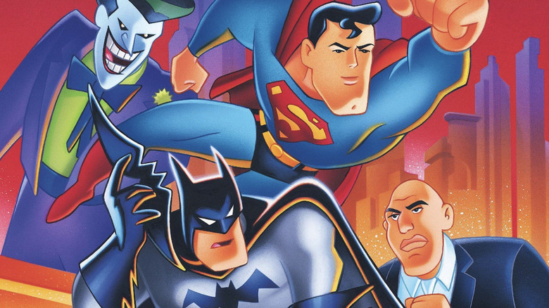 Joker, Superman, Batman, and Lex Luthor on the poster for Batman/Superman: World's Finest