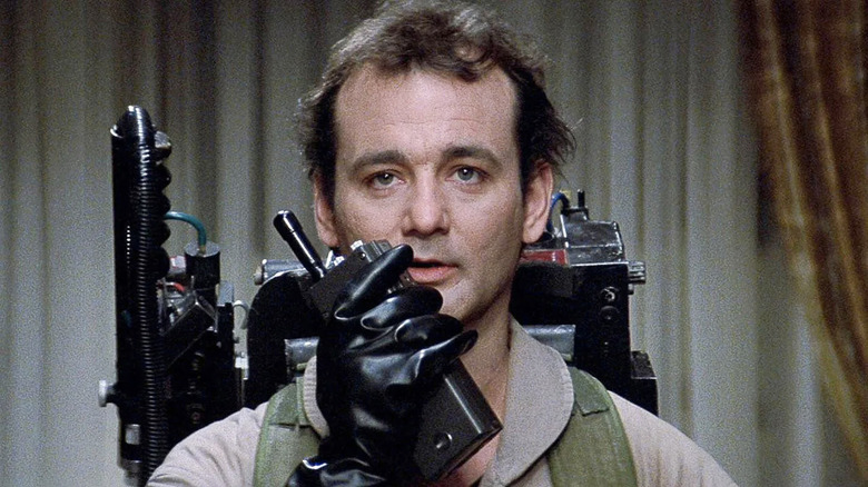 Bill Murray talking into a walkie talkie as Venkman in Ghostbuster