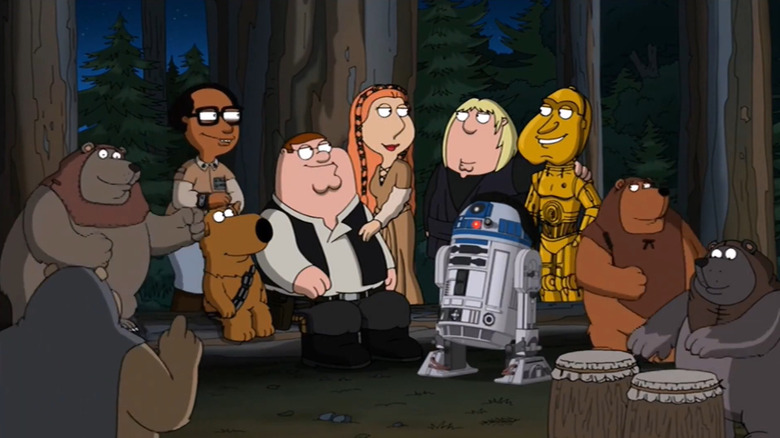 Family Guy characters celebrating with Ewoks in It's a Trap!