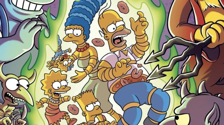 The Simpsons Treehouse of Horror comic cover showing Homer, Marge, Bart, Lisa, and Maggie in hell being sliced into donuts