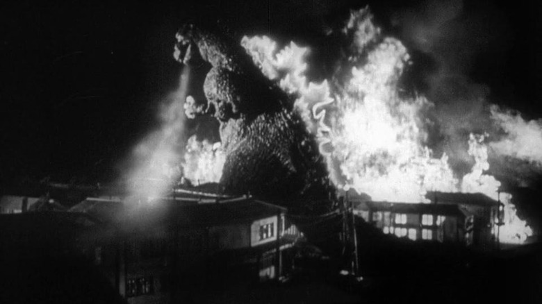 gojira breathing atomic breath surrounded by fire