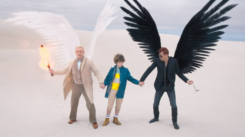 Aziraphale, Adam, and Crowley in Good Omens