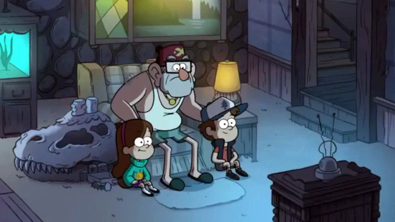 Gravity Falls, Mabel, Stan and Dipper watching TV