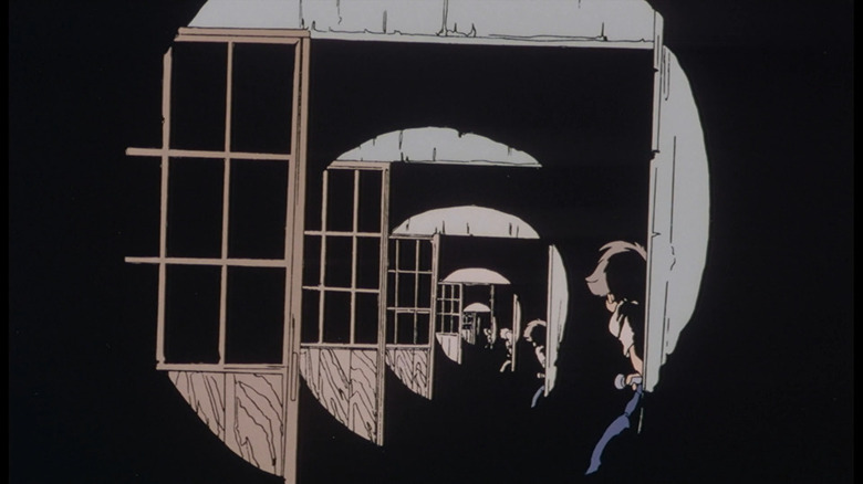 The hallway illusion in The friends in a harrier plane in Urusei Yatsura 2: Beautiful Dreamer