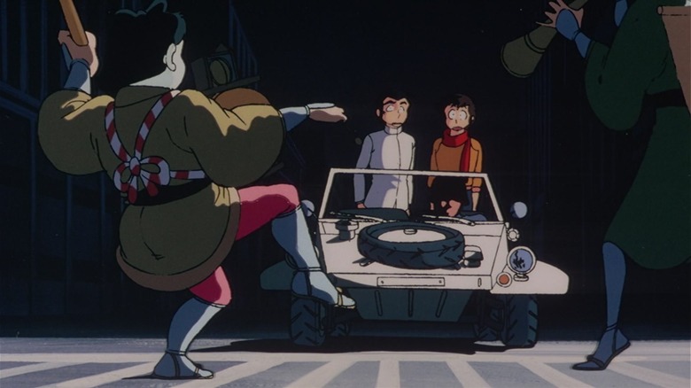 Ataru and Mendou in The friends in a harrier plane in Urusei Yatsura 2: Beautiful Dreamer