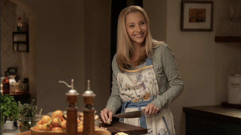 Lisa Kudrow 's Lydia chops mushrooms in a kitchen in No Good Deed