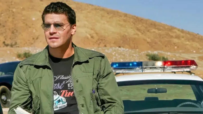 Seeley Booth stands in front of a cop car in Bones