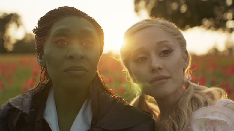 Cynthia Erivo and Ariana Grande as Elphaba and Glinda in Wicked, sitting in a field of red poppy flowers as the sun goes down behind them