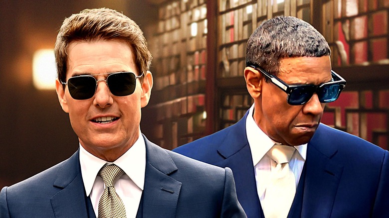 A composite image of Tom Cruise and Denzel Washington wearing suits and sunglasses