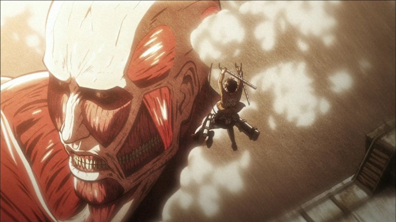 Attack on Titan Eren leaps at colossal titan