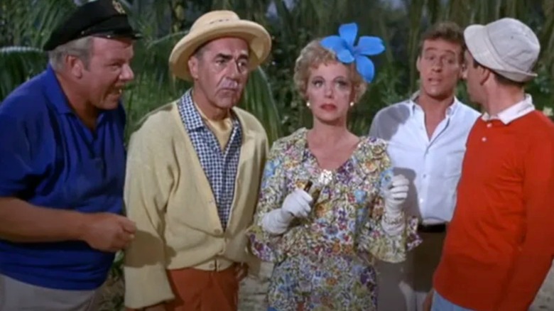 Alan Hale Jr's Skipper, Jim Backus' Thurston, Natalie Schafer's Lovey, Russell Johnson's The Professor, and Bob Denver's Gilligan bicker in Gilligan's Island