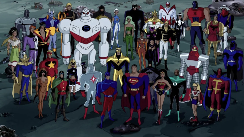 Justice League Unlimited crowd shot including: Superman, Batman, Wonder Woman, Green Lantern, Atom, Captain Atom, Supergirl, Red Tornado, Doctor Fate, Fire & Ice, Stargirl, STRIPE, Steel, Blue Devil, Wild Cat, Red Rocket, and more