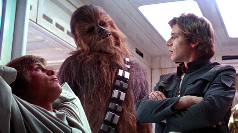 Mark Hamill, Peter Mayhew, and Harrison Ford in The Empire Strikes Back