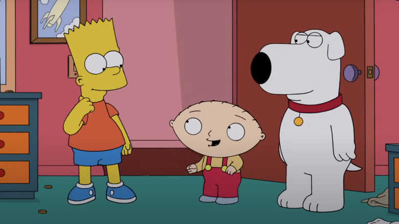 Bart Simpson, Stewie Griffin, and Brian Griffin stand Bart's bedroom on The Simpsons.