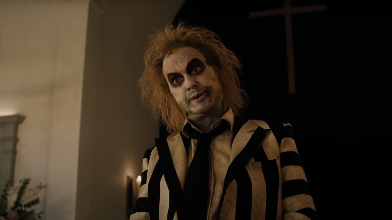 Betelgeuse makeup looking down striped shirt, Beetlejuice Beetlejuice