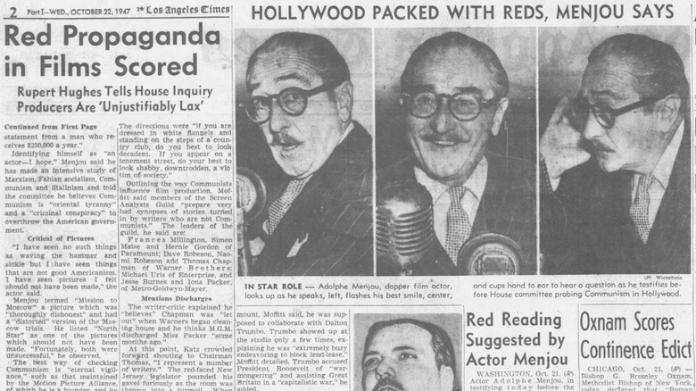 Página dos de Los Angeles Times, miércoles 22 de octubre de 1947, que cubre las audiencias del HUAC sobre el comunismo en Hollywood.