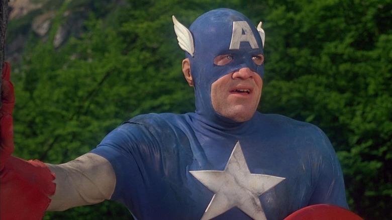 Captain America panting and looking concerned in Captain America (1990)