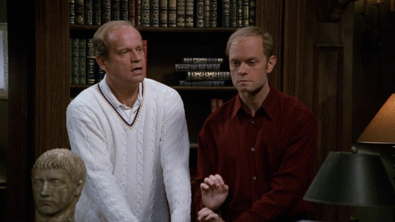 Kelsey Grammer's Frasier and David Hyde Pierce's Niles Crane stand side by side in Frasier